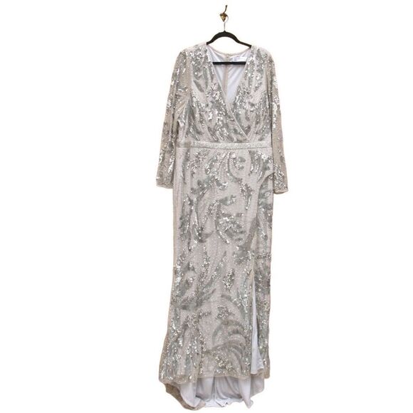 Mac Duggal 20263 Womens Silver SEQUINED FAUX WRAP SPLIT LONG SLEEVE GOWN Dress - Picture 4 of 14